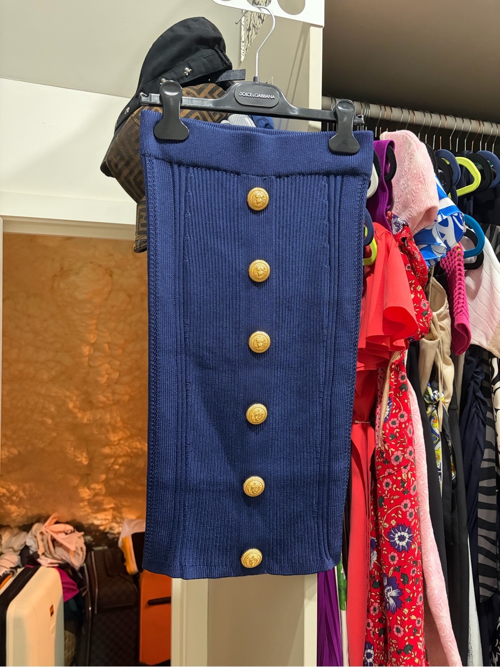 Balmain Navy Ribbed Pencil Skirt with Gold Buttons